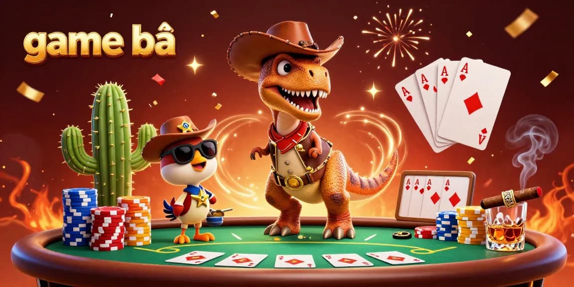 Experience top game bài action with vibrant characters and poker elements in this 3D illustration.
