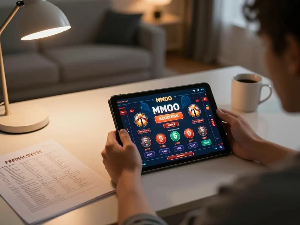 Engaging with the MMOO online casino on a tablet in a cozy home setting