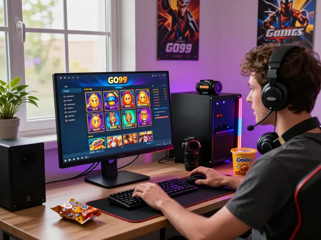 Player engaging with GO99 online gaming platform in a vibrant gaming setup.
