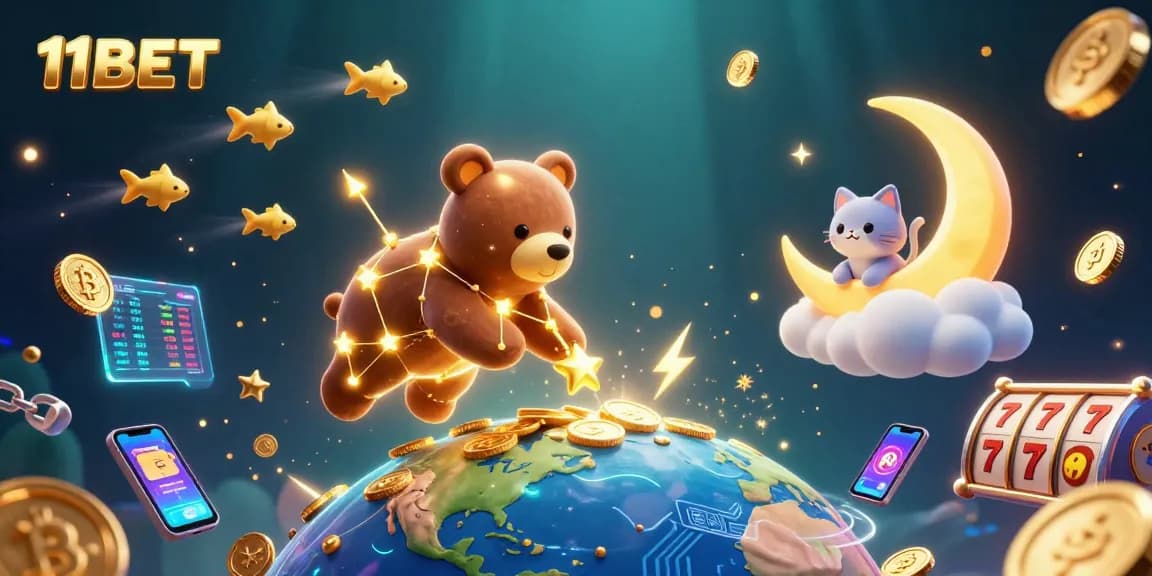 Engage with 11BET through a vibrant 3D casino illustration showcasing excitement and crypto elements.