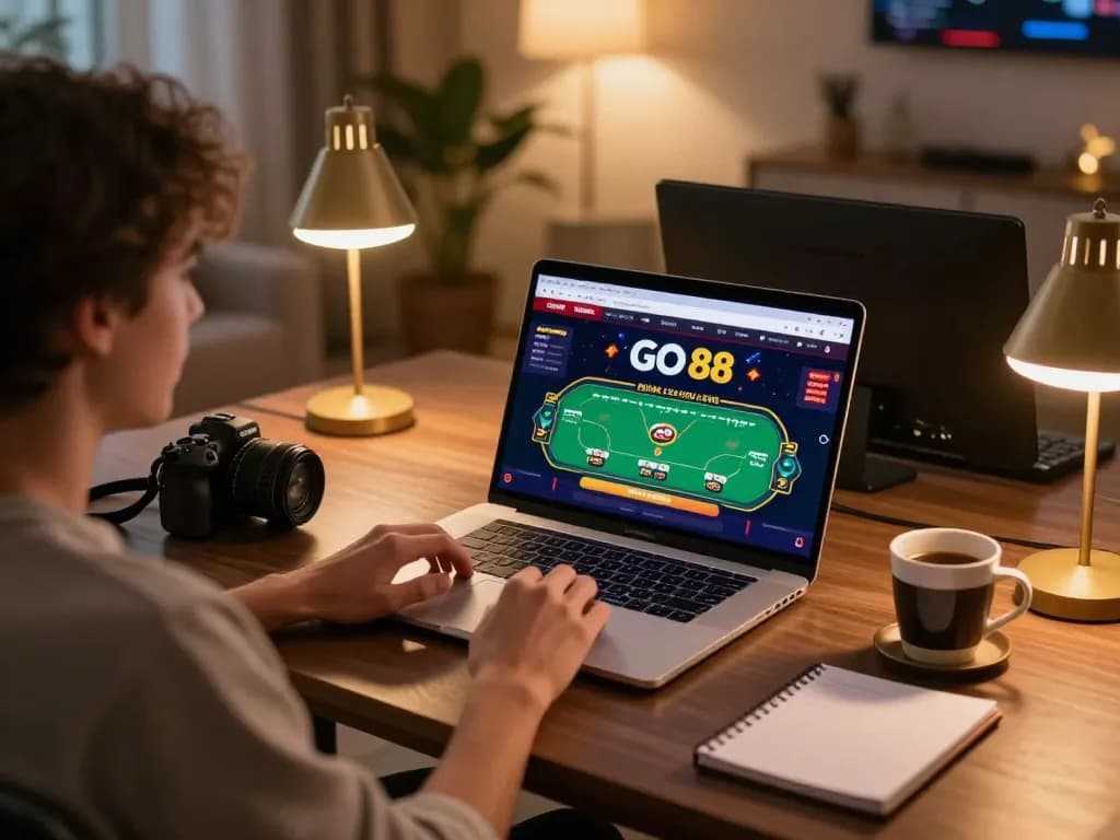 Player engaging with GO 88 online casino on laptop, highlighting poker gameplay and strategic elements.