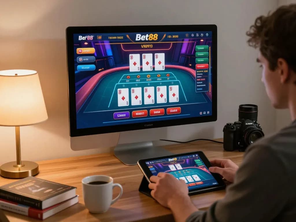 Engaging in Bet88 online gaming on a tablet at a cozy workspace, showcasing strategic betting.