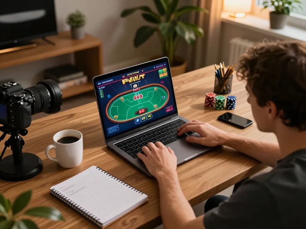 Engaging in cm88 online poker gameplay on a laptop at home, showcasing strategic betting notes and a cozy atmosphere