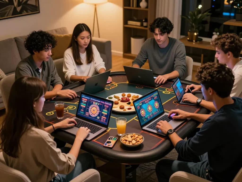 Friends enjoying live dealer games online at fc88 with laptops and smartphones