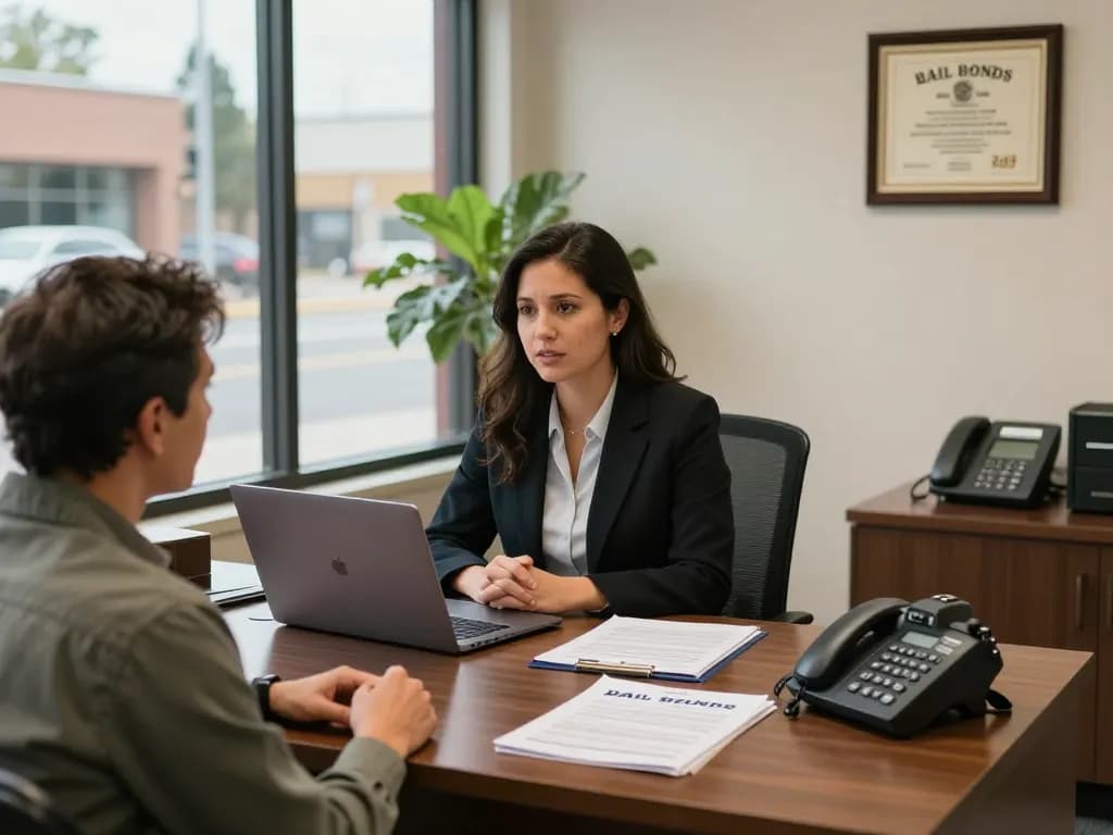 Bail Bonds office scene showing agent assisting clients with compassionate service and informative materials.