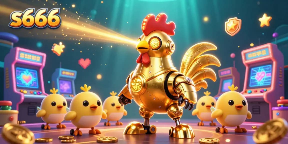Engage with the vibrant world of s666 as golden rooster robot leads a gaming adventure through glowing arcade machines.