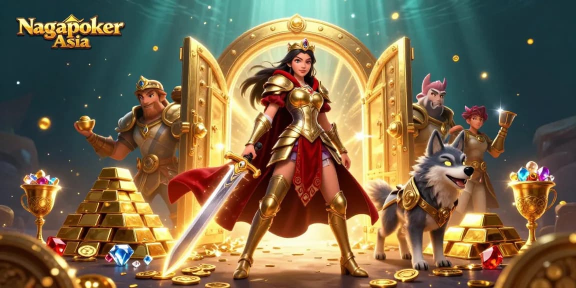 Experience the thrill of Nagapoker Asia with a warrior queen and her armored wolf companion in an enchanting scene.