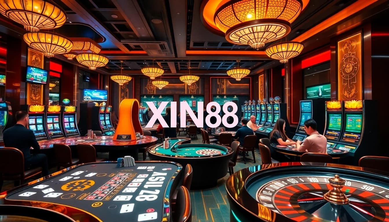 Gamblers enjoying premium experiences at Cổng Game XIN88 with vibrant slot machines and table games.