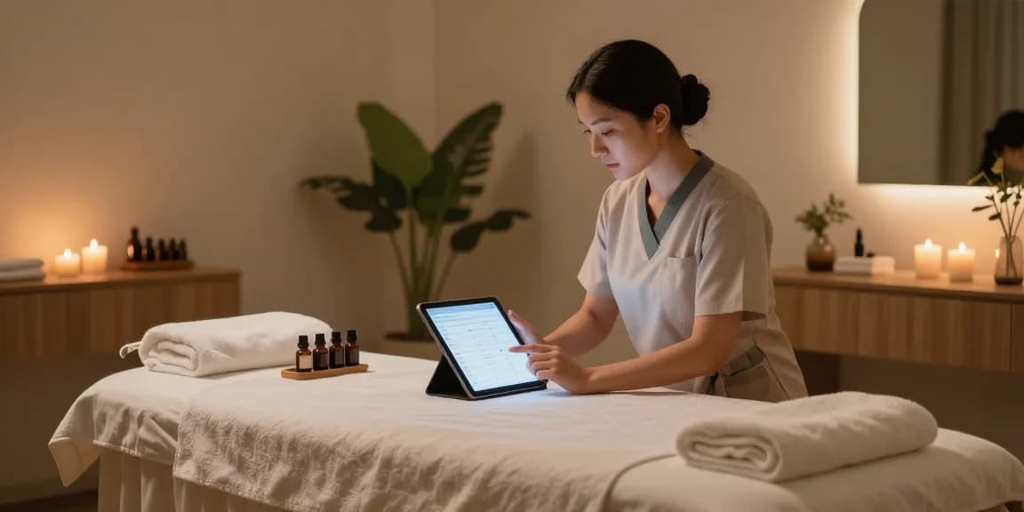 Relaxing spa scene with professional therapist preparing for 은평구출장마사지 appointment in luxury setting.