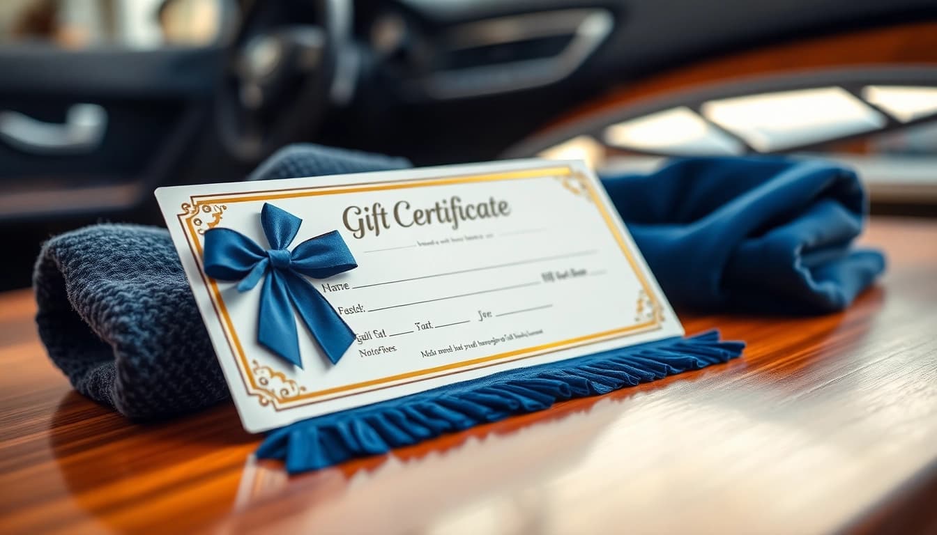 Present a car detailing gift certificate beautifully arranged with car care products.