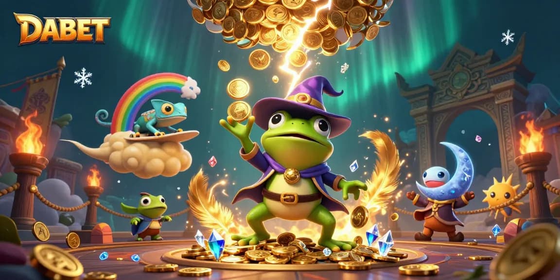 DABET offers thrilling casino games as a weather wizard frog conjures golden coins amidst a vibrant storm.