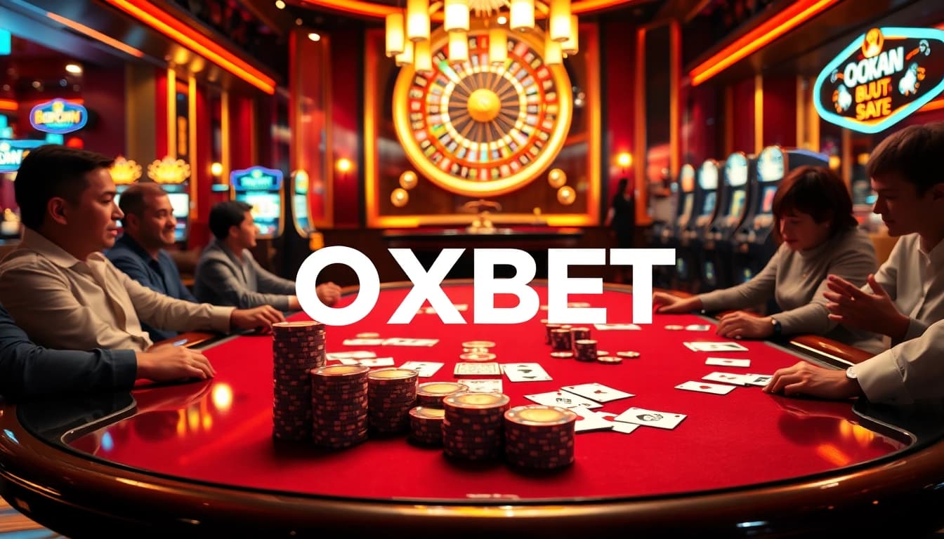 Players engaging in high-stakes poker at OXBET with vibrant casino atmosphere and detailed props.
