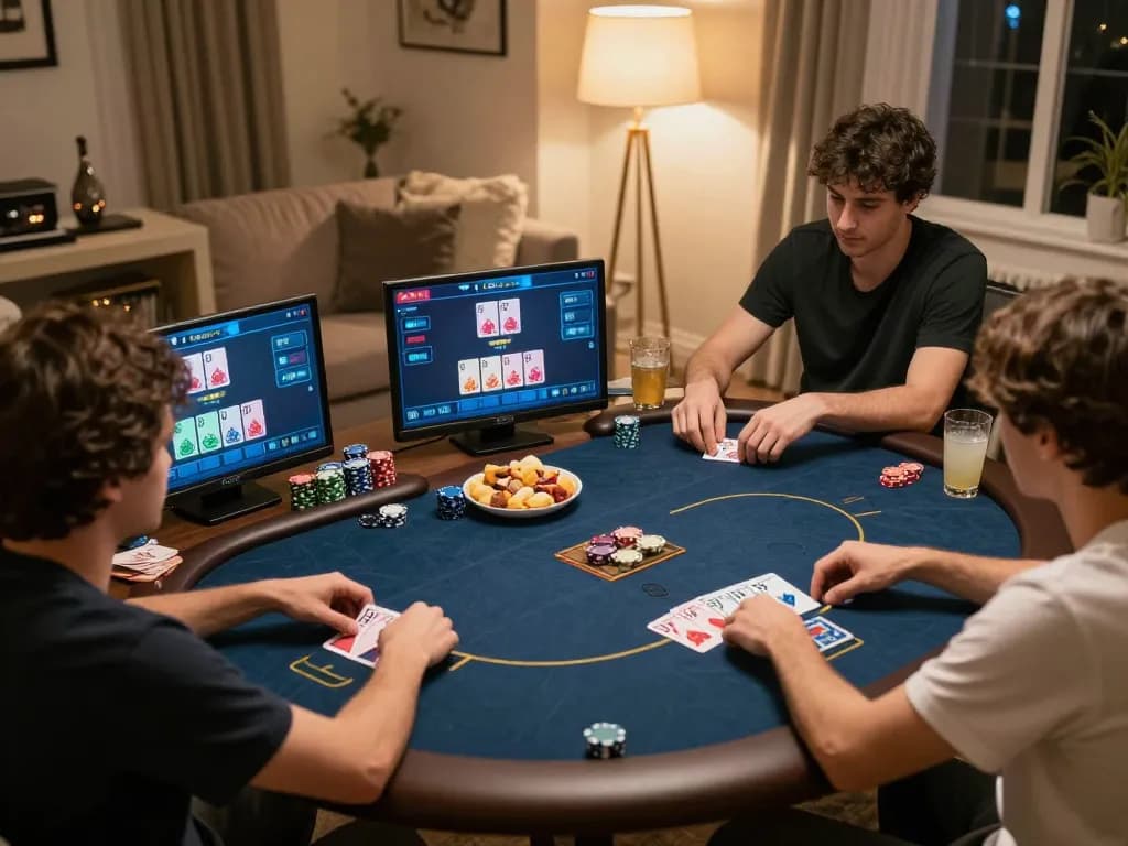 Engaging in online poker with the Link lu88 chính thức, showcasing strategy and fun in a cozy home