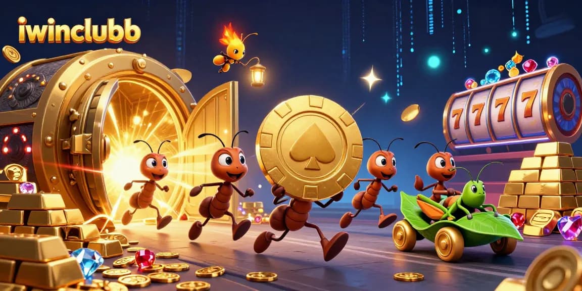Experience a thrilling heist in iwinclubb, featuring ants and a grasshopper in a vibrant casino scene.