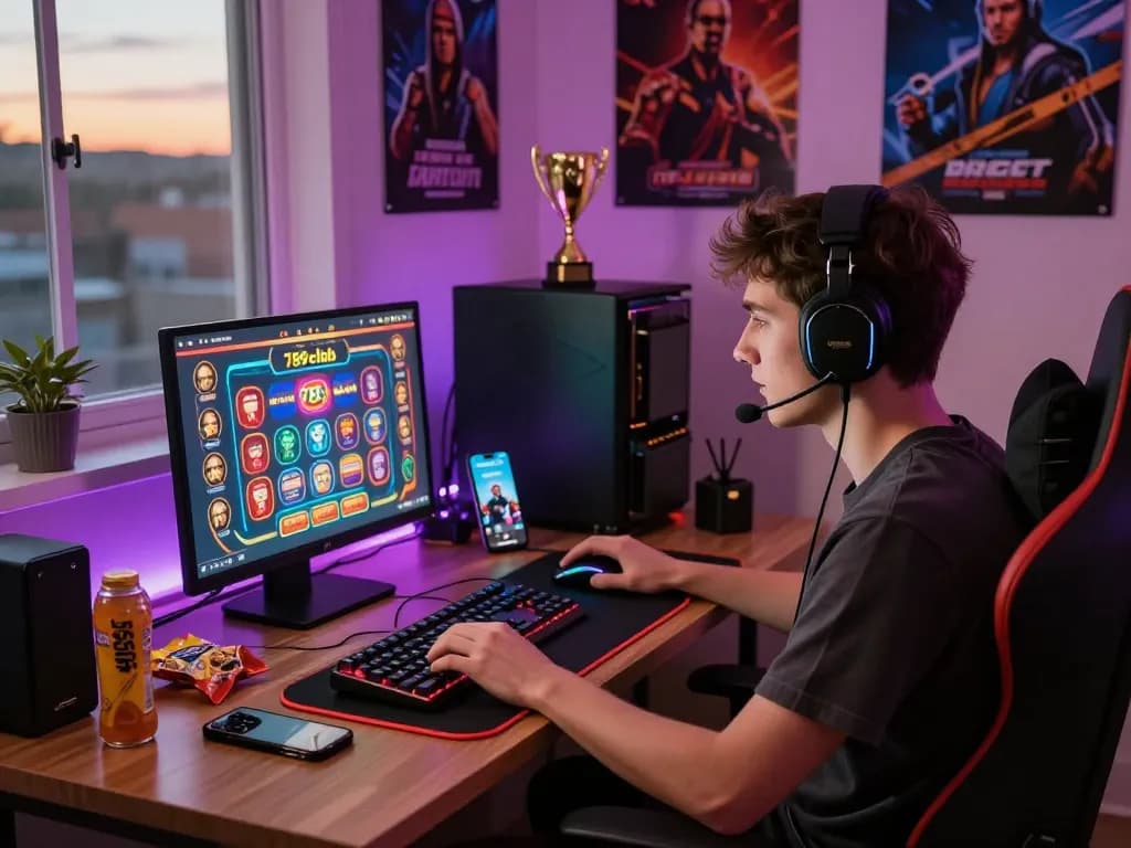 Engaged gamer exploring 789club's casino games in a cozy gaming setup.