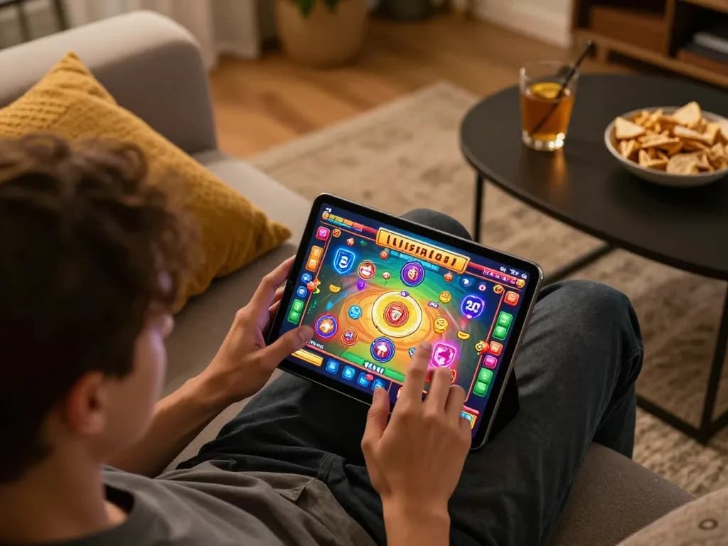Experience the thrill as you tải tg88 and play online casino games on your tablet in a cozy living room.