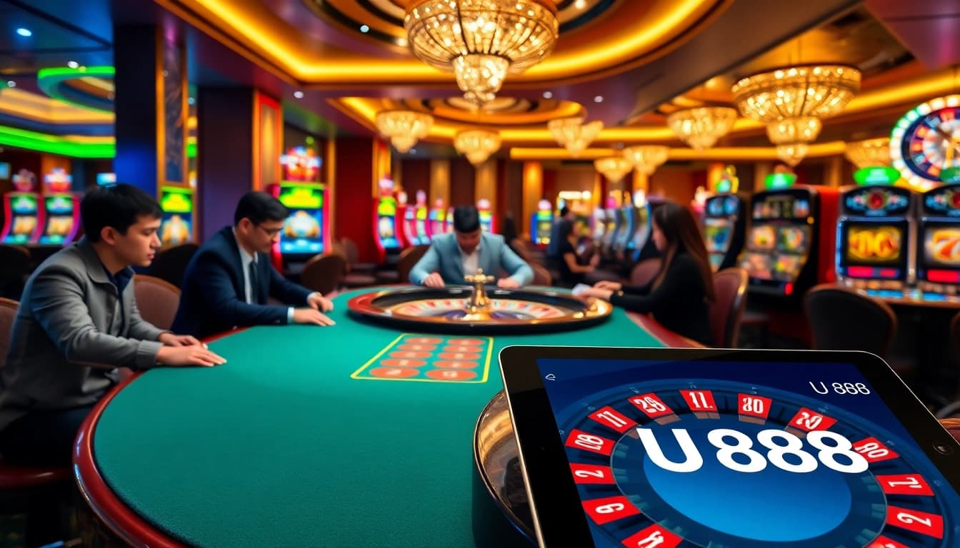 U888 poker players strategizing at a luxurious casino table with vibrant slot machines.