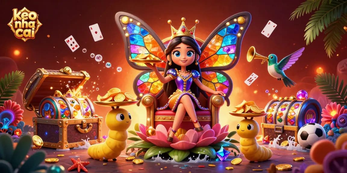 Experience keo nha cai with this vibrant 3D illustration showcasing a butterfly queen and casino elements.