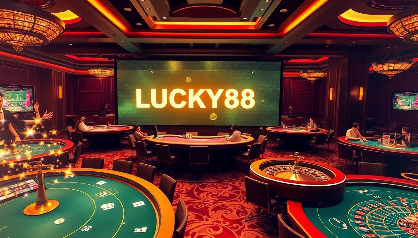 Competitive gaming at LUCKY88 casino with vibrant tables and excited players in a luxurious setting.