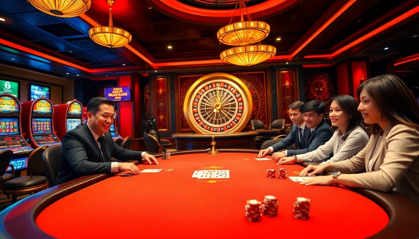 Experience the thrill of game bài đổi thưởng uy tín at a luxurious poker table surrounded by excited players.
