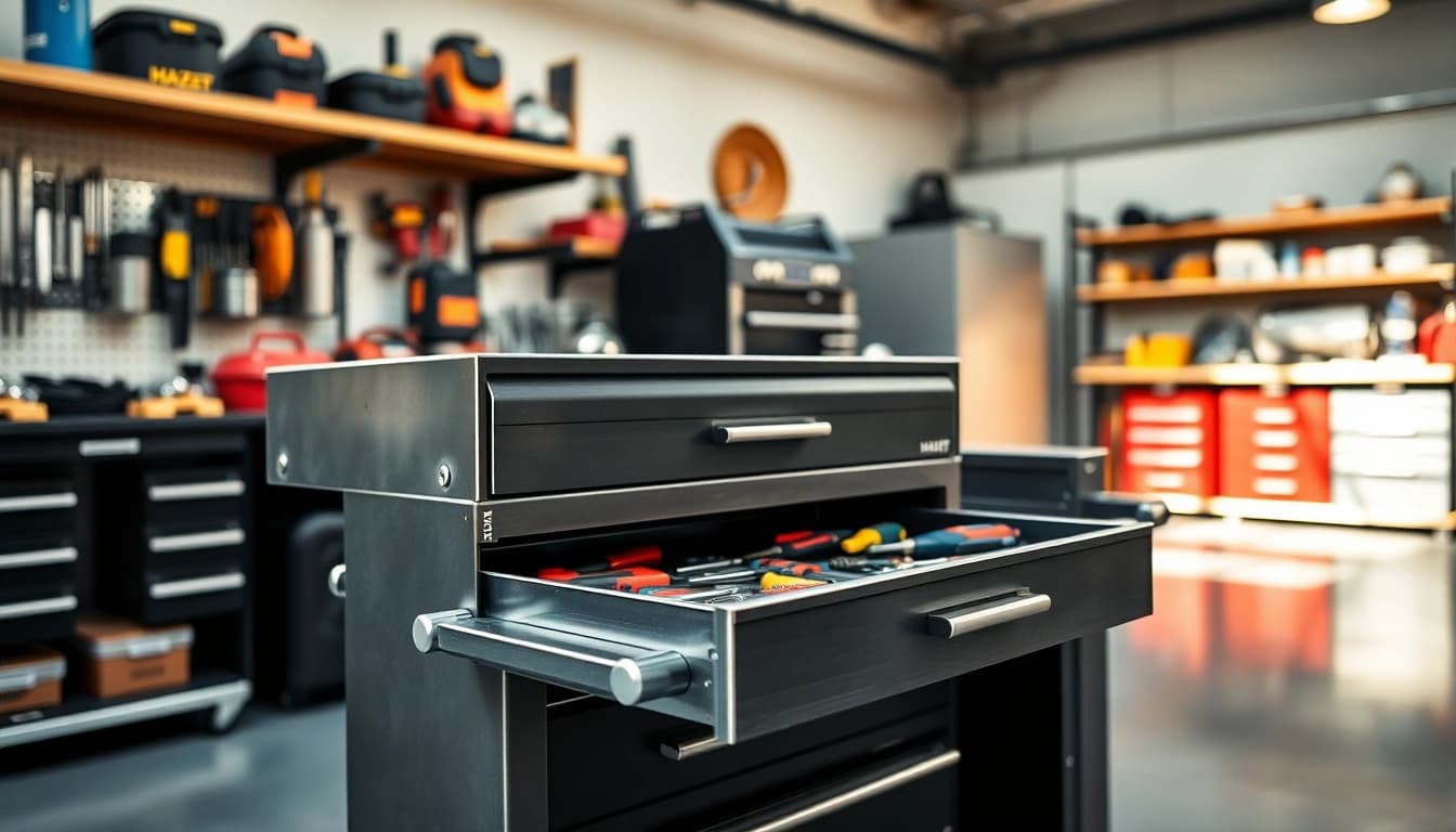 Organized HAZET tool cart filled with quality tools in a professional workshop setting