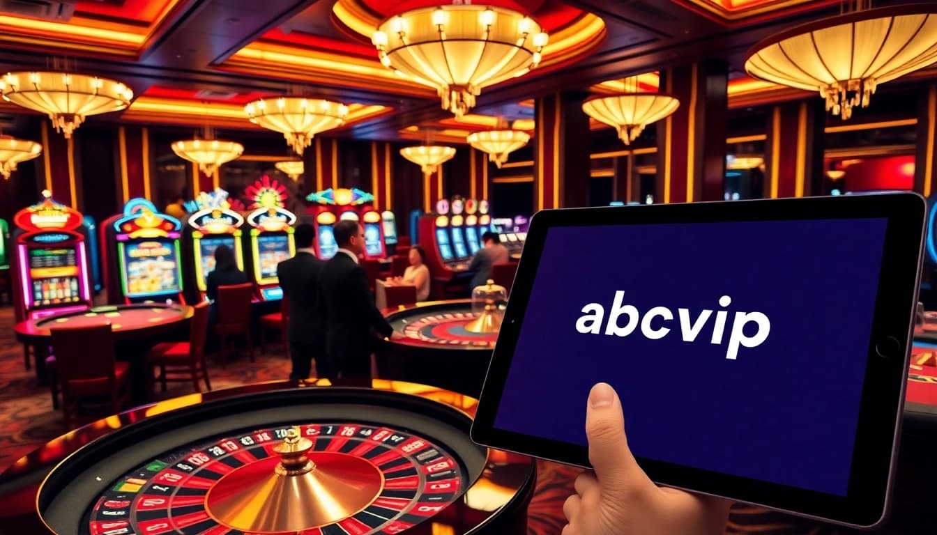 Experience gaming excitement at abcvip.baby with a dynamic casino scene featuring roulette and poker tables.