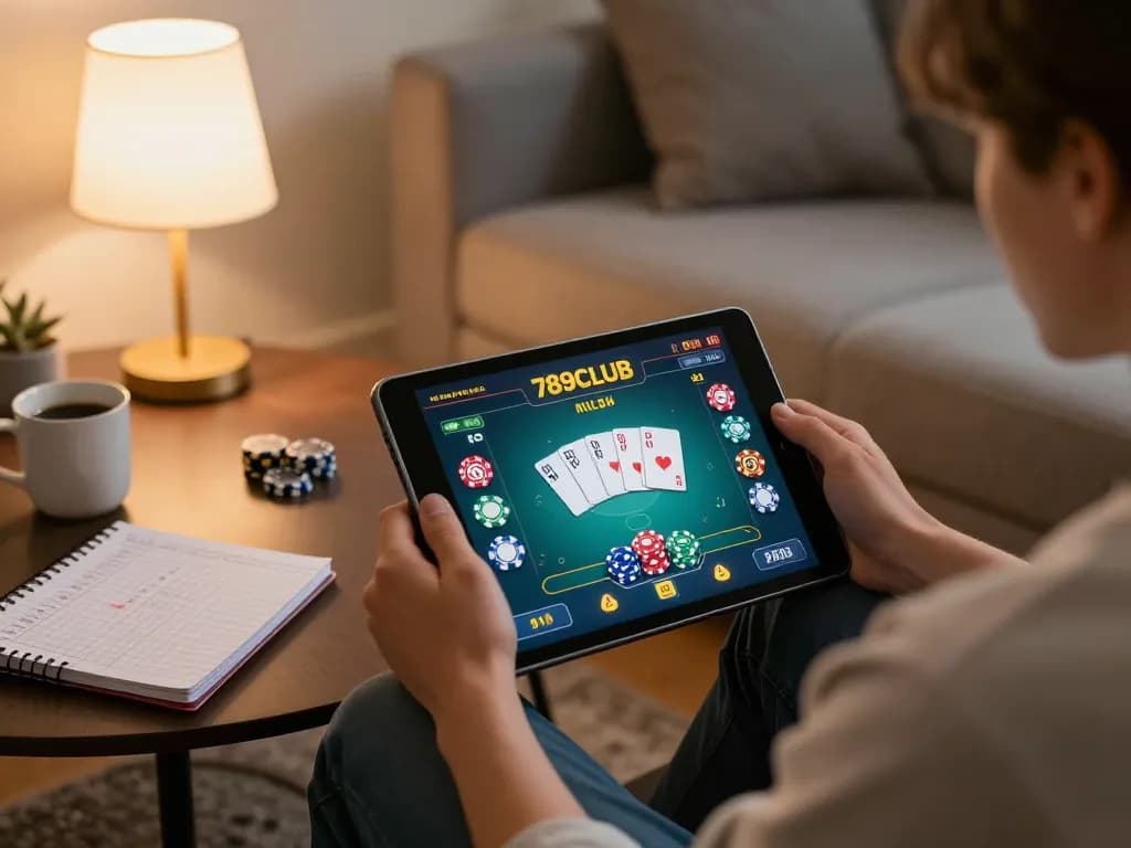 Player enjoying 789CLUB online gambling on tablet during cozy home session.
