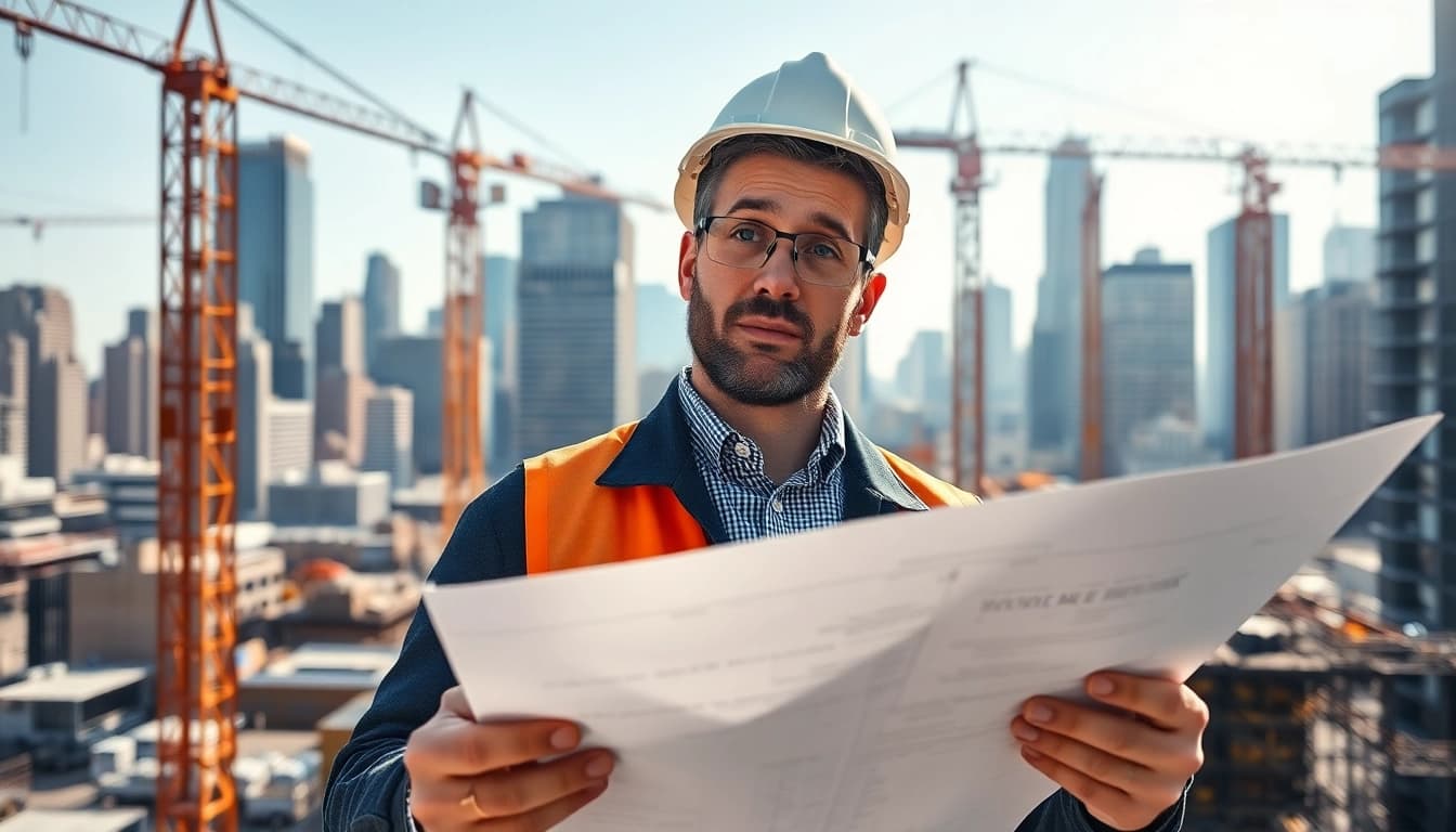 New York Construction Manager supervising a building site with blueprints.