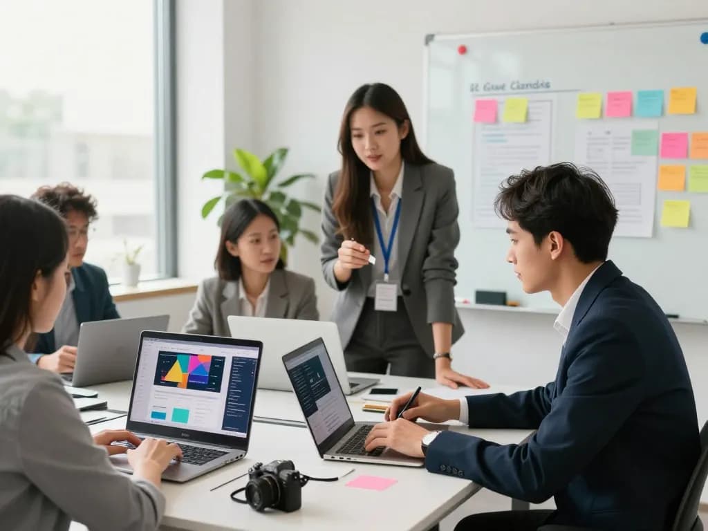 Web Design Agency team collaborating on a creative project in a modern office.