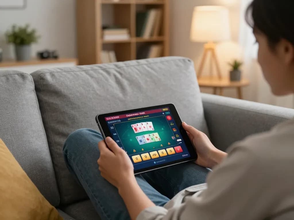 Player enjoying online game at home on tablet, showcasing go88vv casino interface.