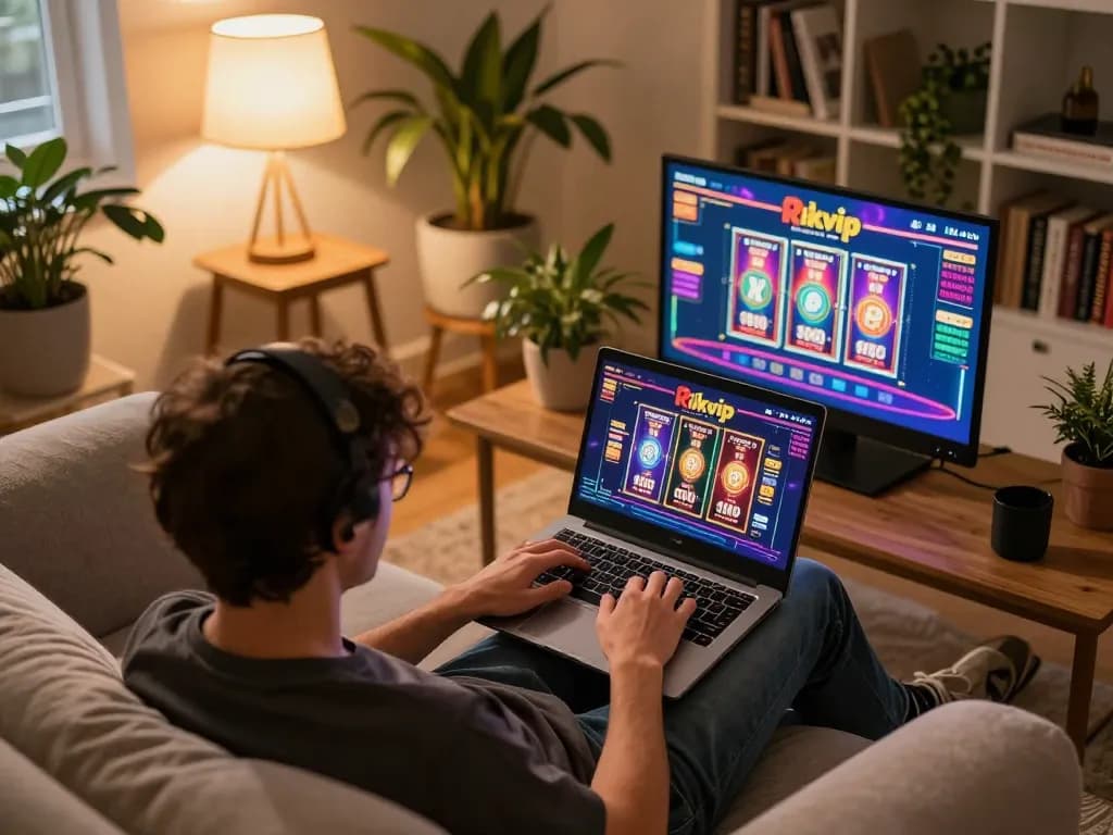 Player engaging with rikvip online games in a cozy home setting with vibrant visuals on laptop