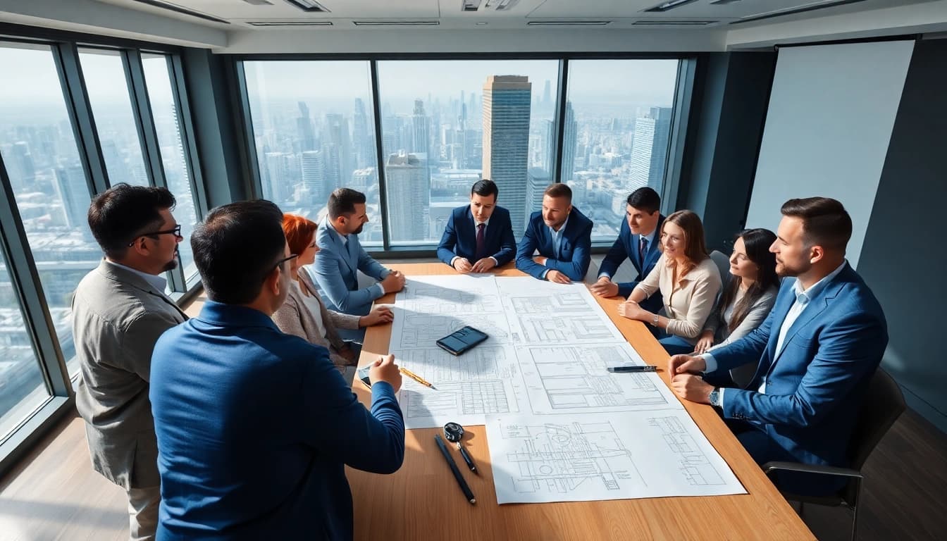 Engaged professionals in a construction association meeting discussing plans and blueprints.