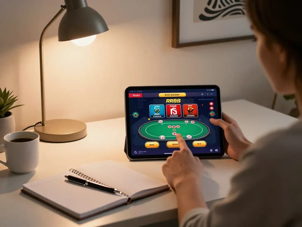 Player engaging in online poker at RR88, surrounded by strategic notes and a cozy setup.