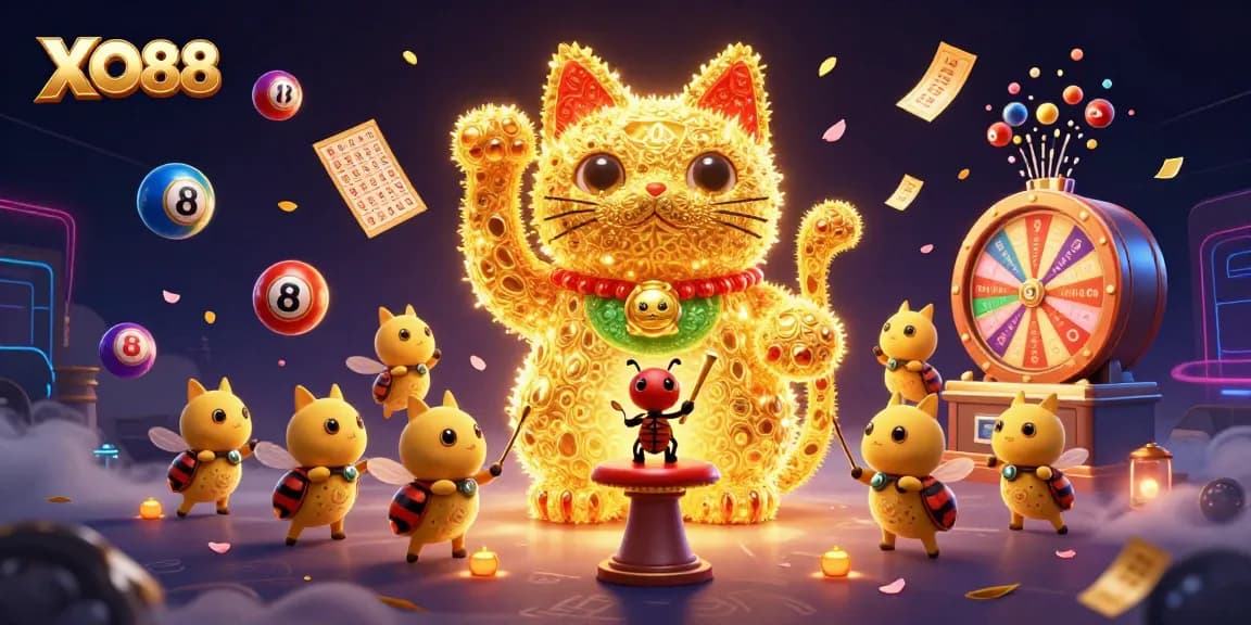 Play thrilling games at XO88, featuring dynamic casino symbols and a lucky cat illuminated in vibrant activity.