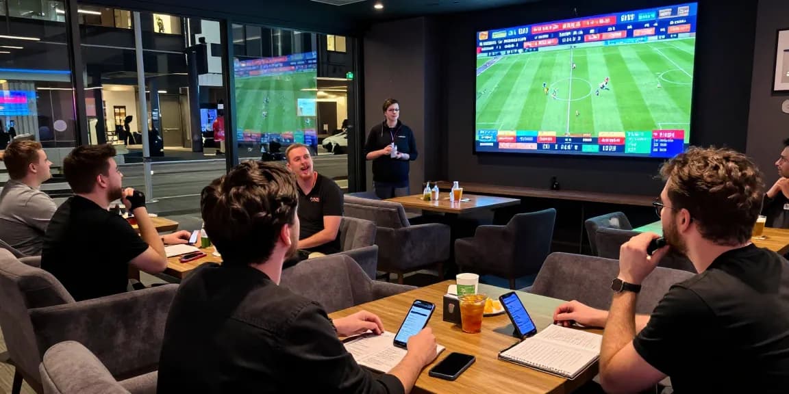 Soi Kèo Nhà Cái betting experience with live match stats at https://soikeonhacai.com.co/ in an energetic sports lounge.