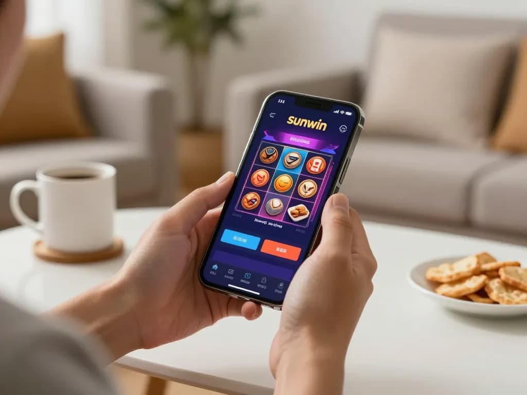 Player enjoying immersive gaming experience on Sunwin app in cozy home environment.