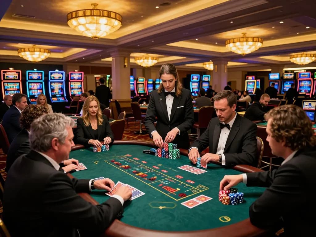 Players at TG88 blackjack table engaged in strategic betting, vibrant casino environment.