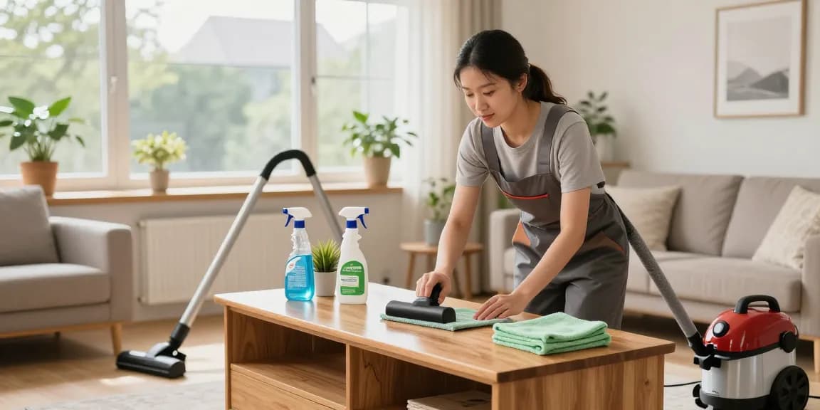 hauswartung solothurn service in a bright home, cleaner polishing furniture with eco-friendly supplies.