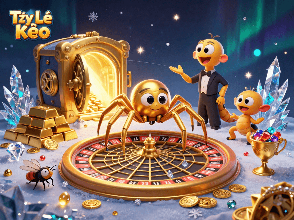 Tỷ Lệ Kèo showcases a golden spider and centipede croupier in a dynamic casino scene.
