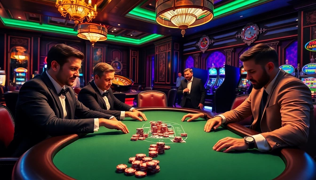 Players strategizing in an intense poker game at B52 CLUB, showcasing excitement and luxury in gambling.