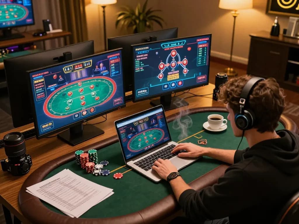 Engaging in an online poker game with gem88 on a sleek laptop, strategic notes and chips visible.