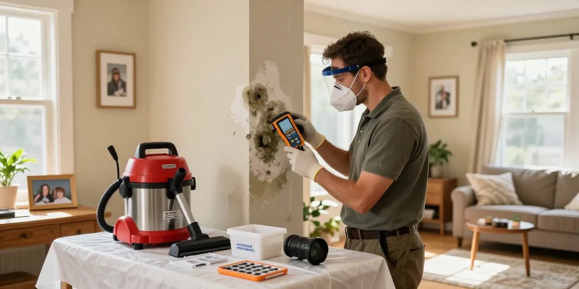 Certified mold remediation company technician inspecting for mold in a home, using advanced equipment.