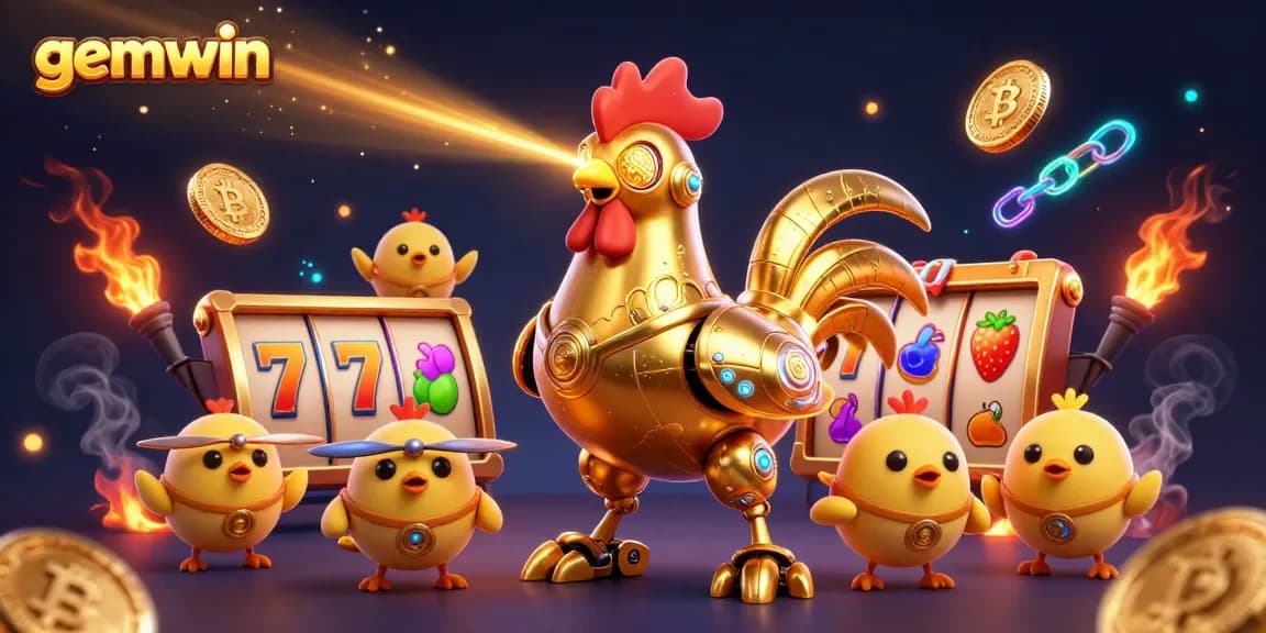 Experience the gemwin excitement with a golden rooster robot and baby chick drones in a dynamic casino illustration.