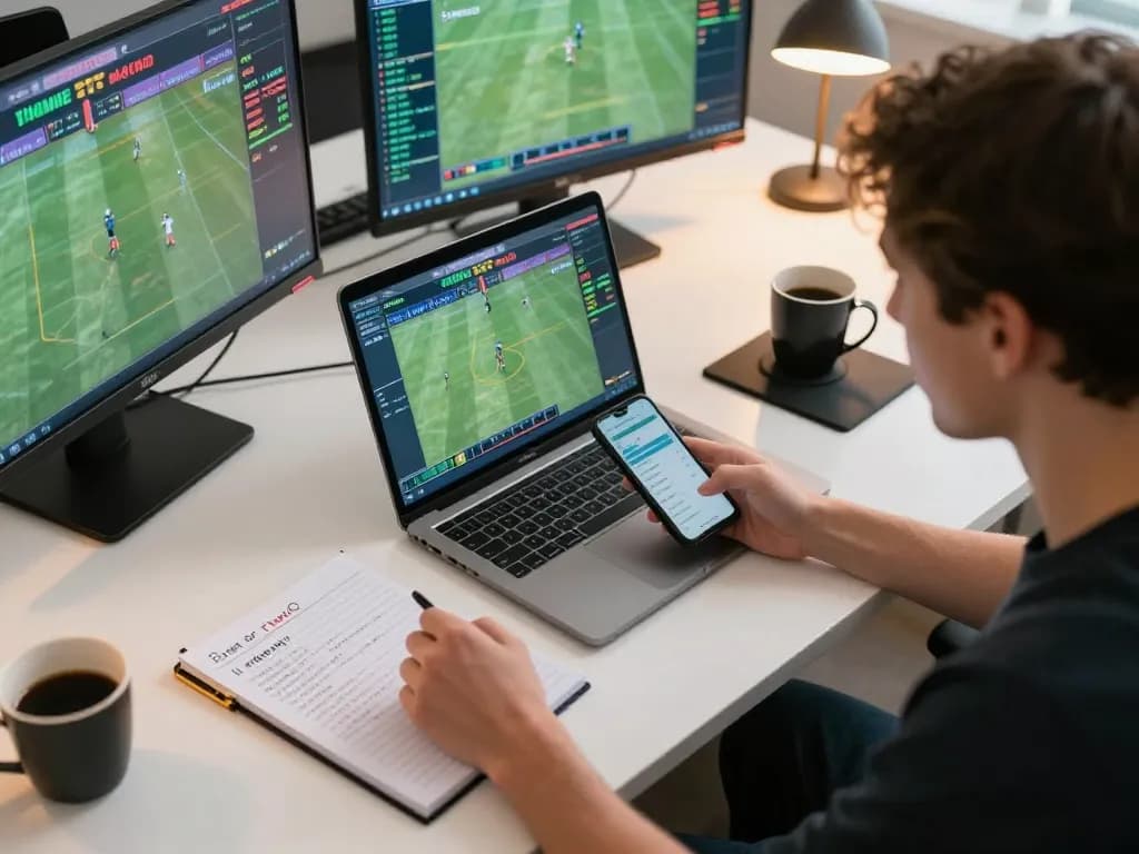 Engaging moment of sports betting at home, showcasing hbet strategies in play with multiple screens and live events