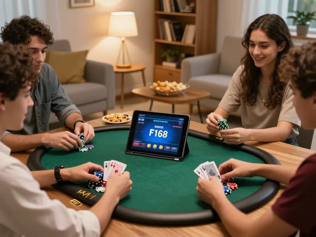Friends enjoying an online poker game using F168 interface, showcasing strategy and social interaction in a warm home setting.