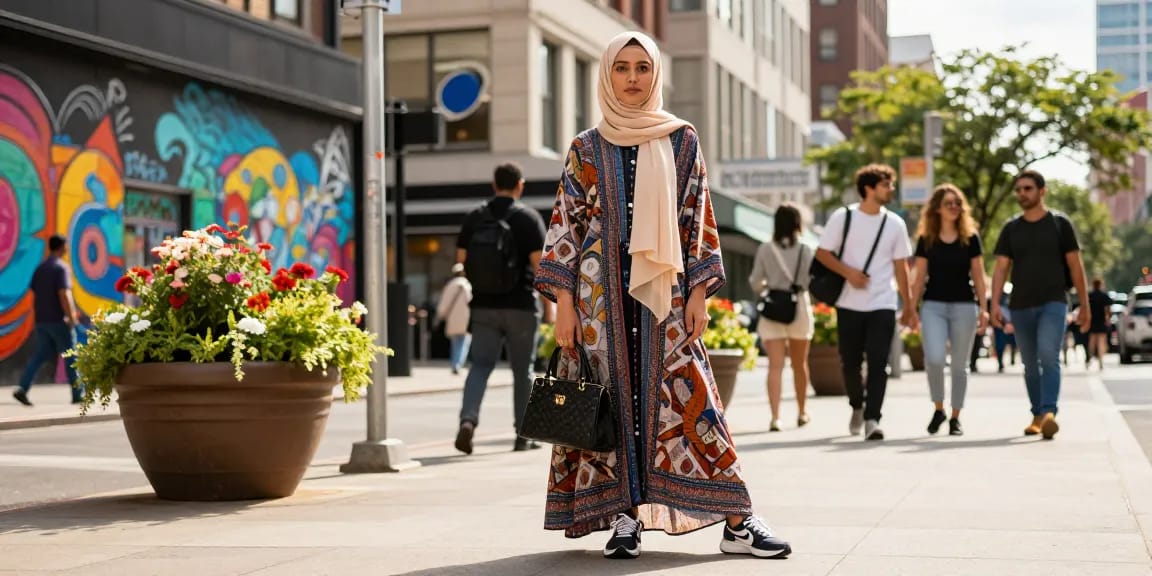Stylish individual in modest clothing highlighting contemporary urban fashion, featuring a maxi dress and hijab.