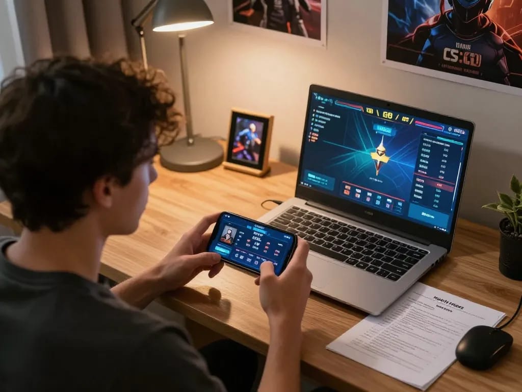 Engaged player analyzing live CS:GO betting on their smartphone at NHÀ CÁI 88FC.