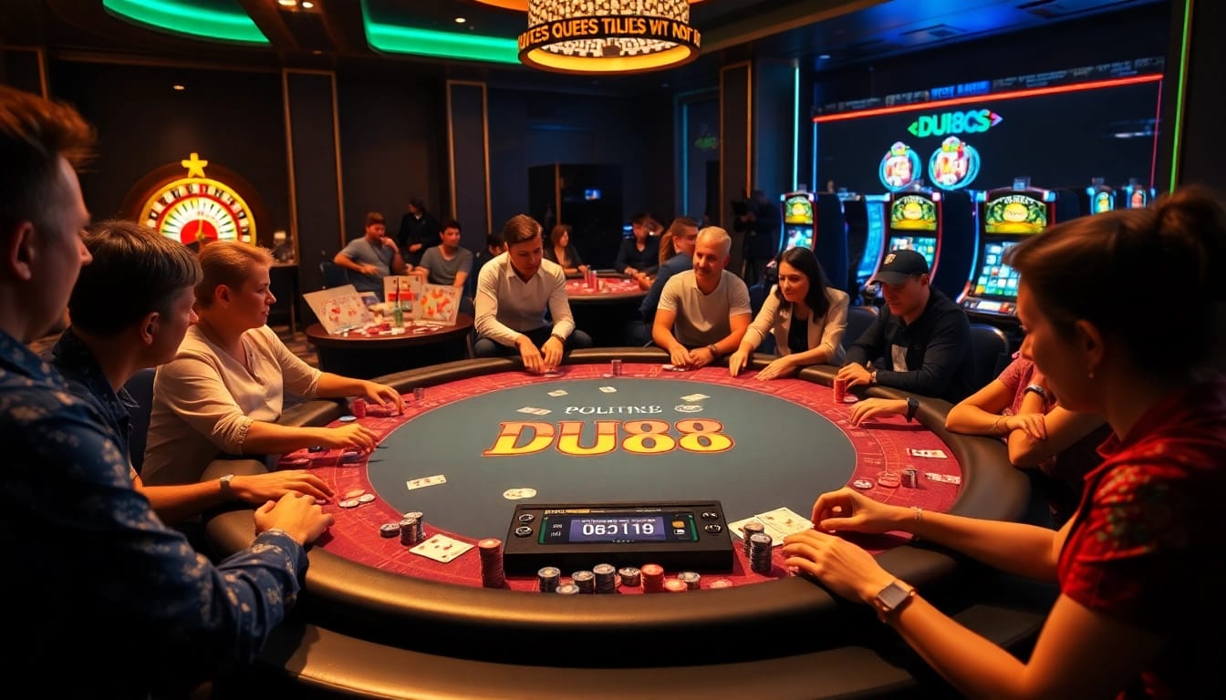 Engage in an exhilarating game at DU88's vibrant poker table with lively players.
