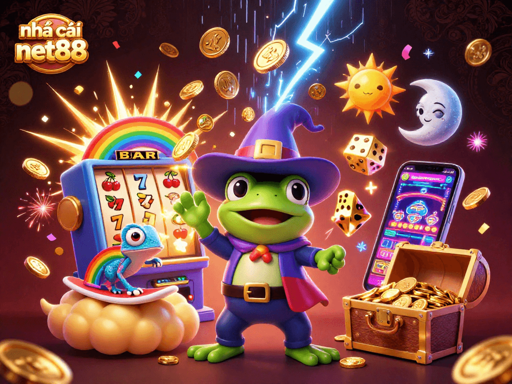 Experience excitement with nhà cái net88 as whimsical characters create a storm of coins in a vibrant casino world.