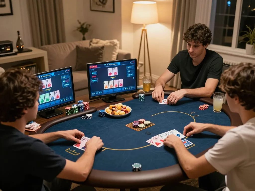 Engaging in online poker with the Link lu88 chính thức, showcasing strategy and fun in a cozy home